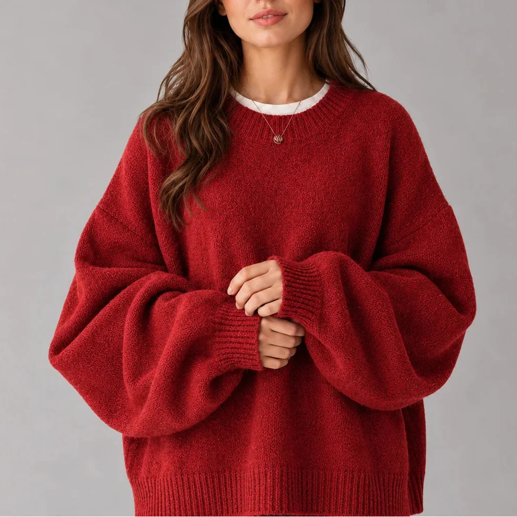 Women’s Oversized Knit Jumper – Crew Neck, Balloon Sleeves – Casual, Everyday Wear