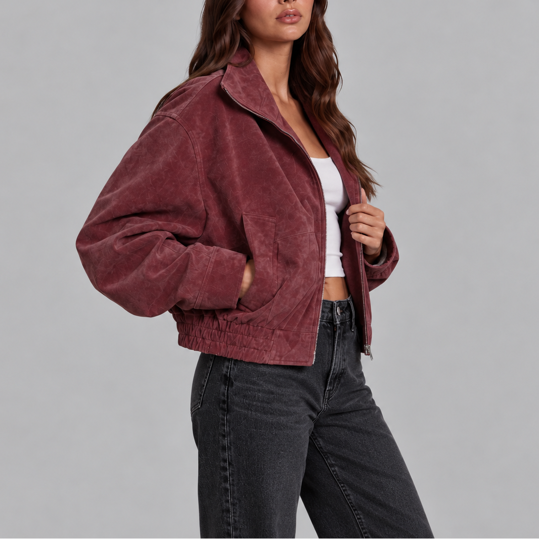 Women's Oversized Suede Bomber Jacket | Vintage Zip Up – Casual, Everyday Wear