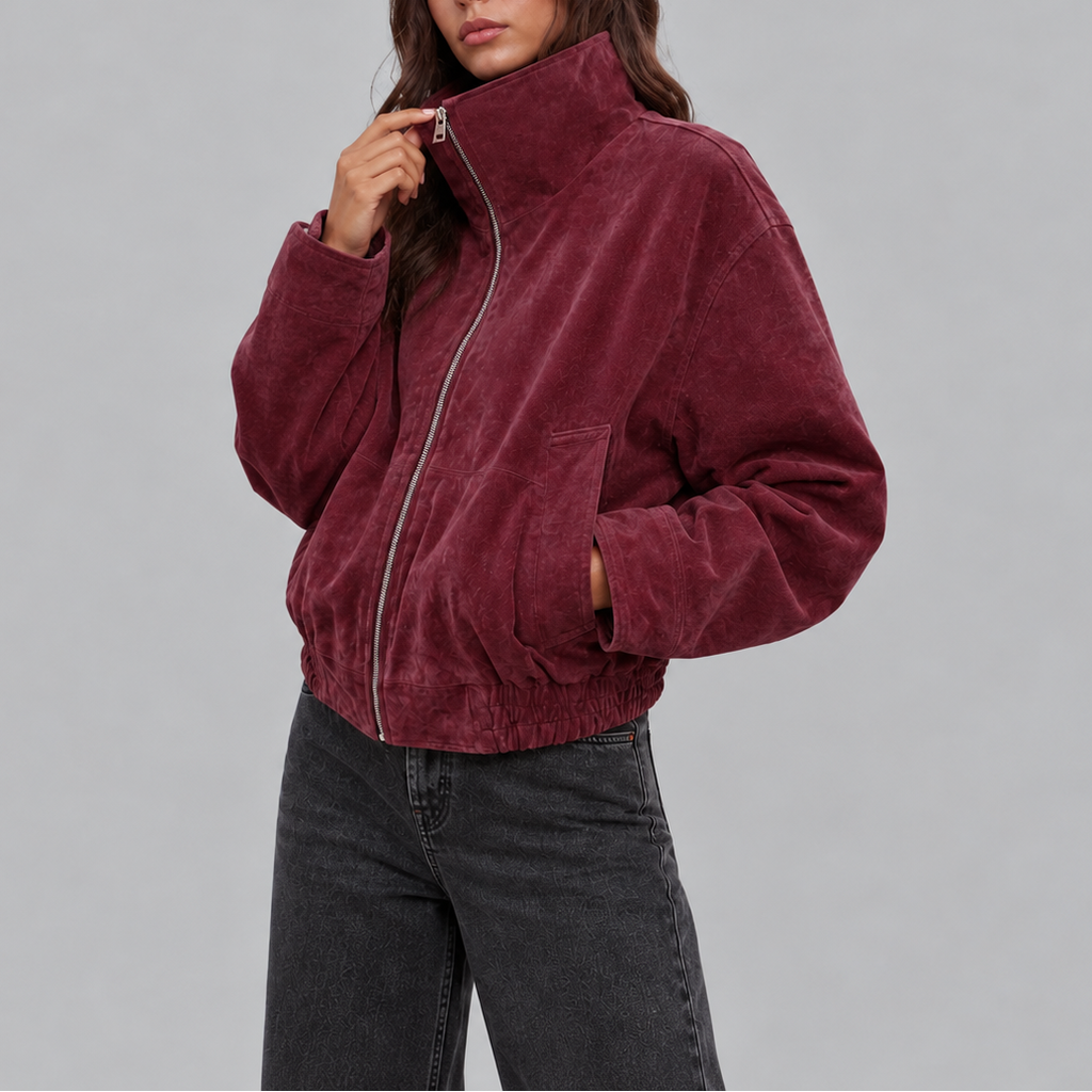 Women's Oversized Suede Bomber Jacket | Vintage Zip Up – Casual, Everyday Wear