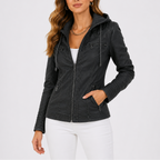 Women's Hooded Faux Leather Jacket with Zip Pockets – Casual, Everyday Wear