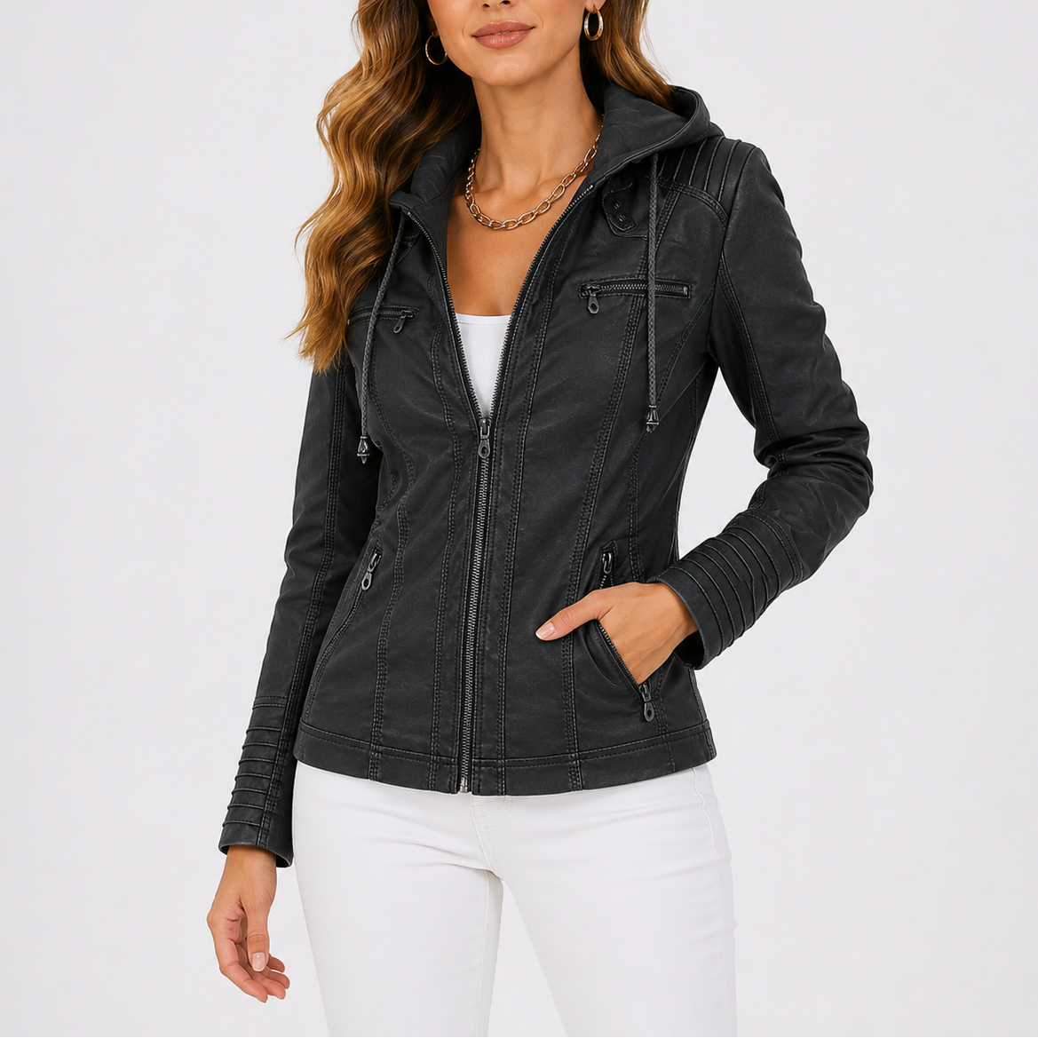 Women's Hooded Faux Leather Jacket with Zip Pockets – Casual, Everyday Wear