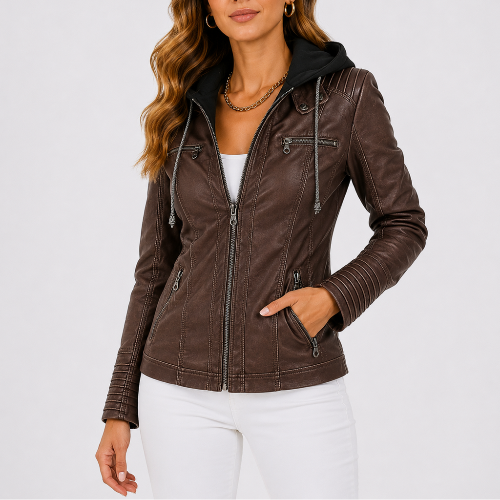 Women's Hooded Faux Leather Jacket with Zip Pockets – Casual, Everyday Wear