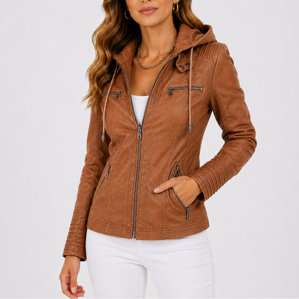 Women's Hooded Faux Leather Jacket with Zip Pockets – Casual, Everyday Wear