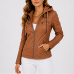 Women's Hooded Faux Leather Jacket with Zip Pockets – Casual, Everyday Wear