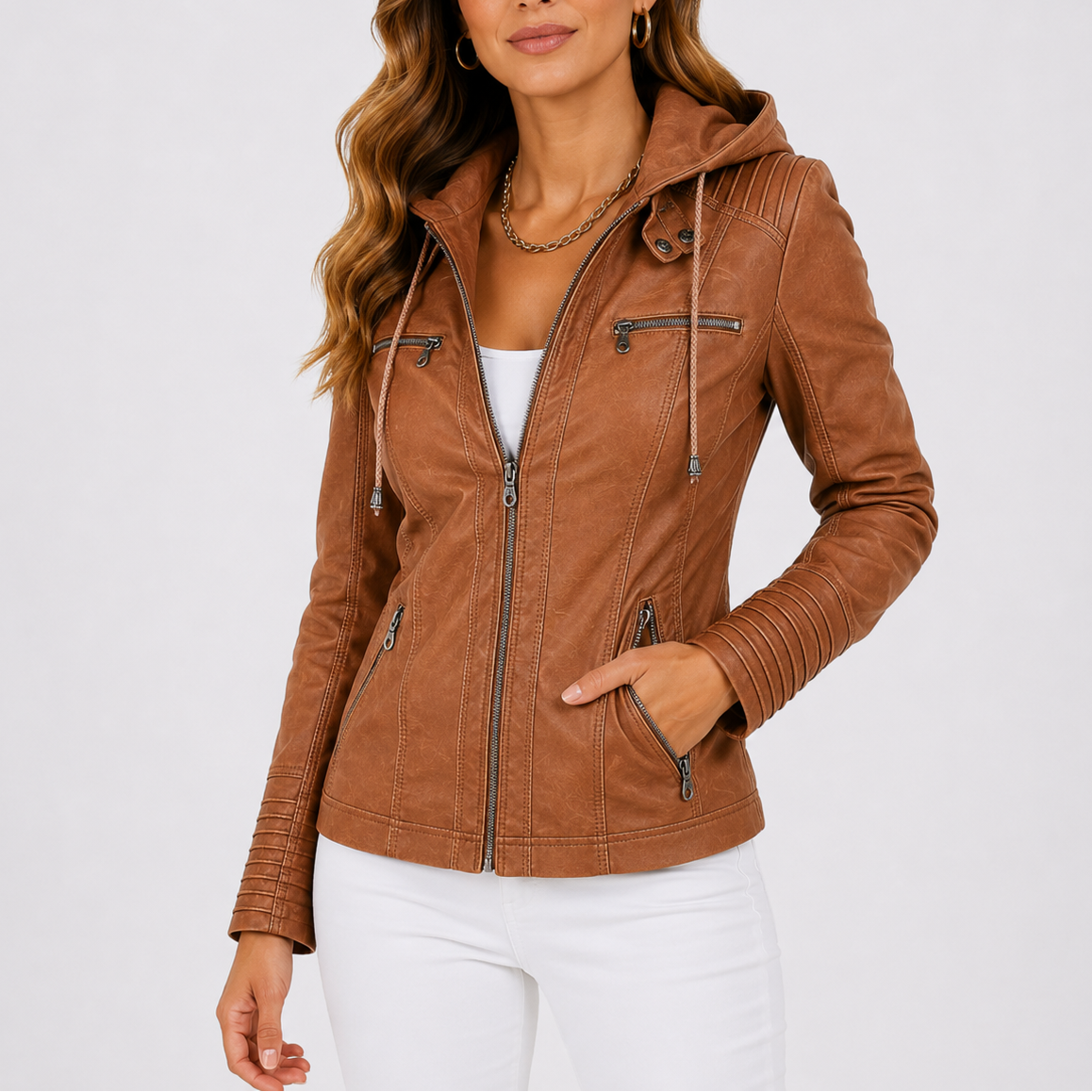 Women's Hooded Faux Leather Jacket with Zip Pockets – Casual, Everyday Wear