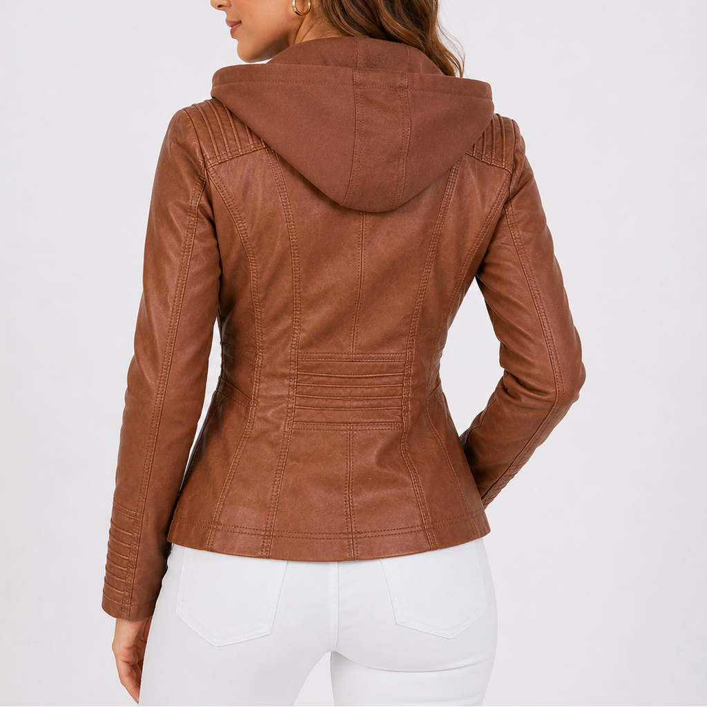 Women's Hooded Faux Leather Jacket with Zip Pockets – Casual, Everyday Wear