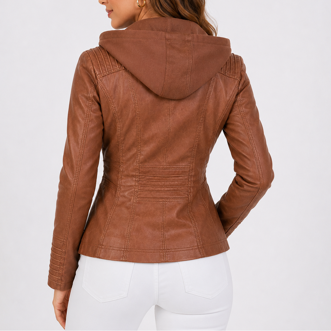 Women's Hooded Faux Leather Jacket with Zip Pockets – Casual, Everyday Wear