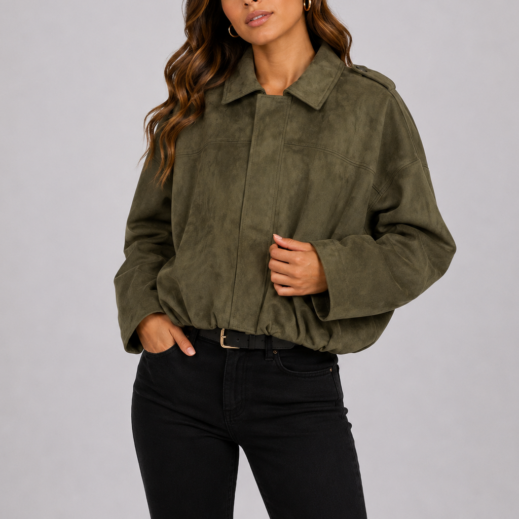 Women's Oversized Suede Bomber Jacket – Casual Wear, Stylish Layering