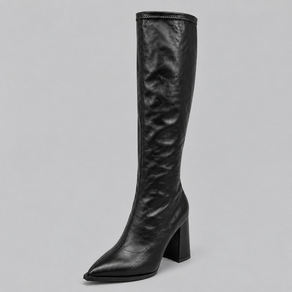 Women’s Knee-High Pointed Toe Boots with Chunky Block Heel – Casual, Office