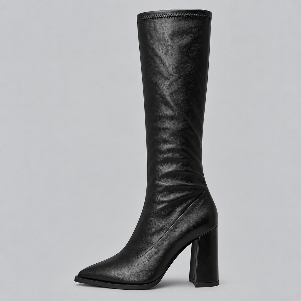 Women’s Knee-High Pointed Toe Boots with Chunky Block Heel – Casual, Office