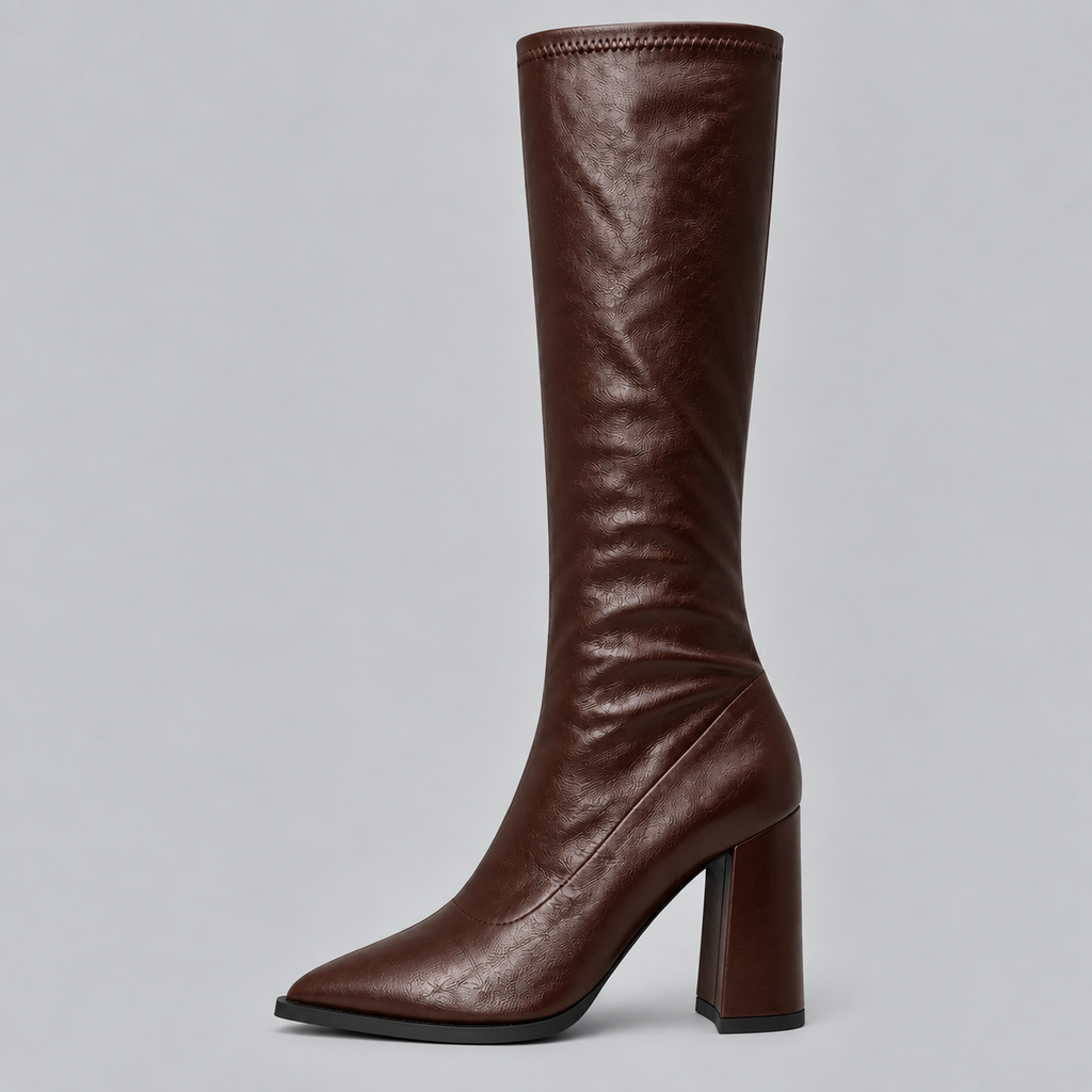 Women’s Knee-High Pointed Toe Boots with Chunky Block Heel – Casual, Office