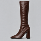 Women’s Knee-High Pointed Toe Boots with Chunky Block Heel – Casual, Office