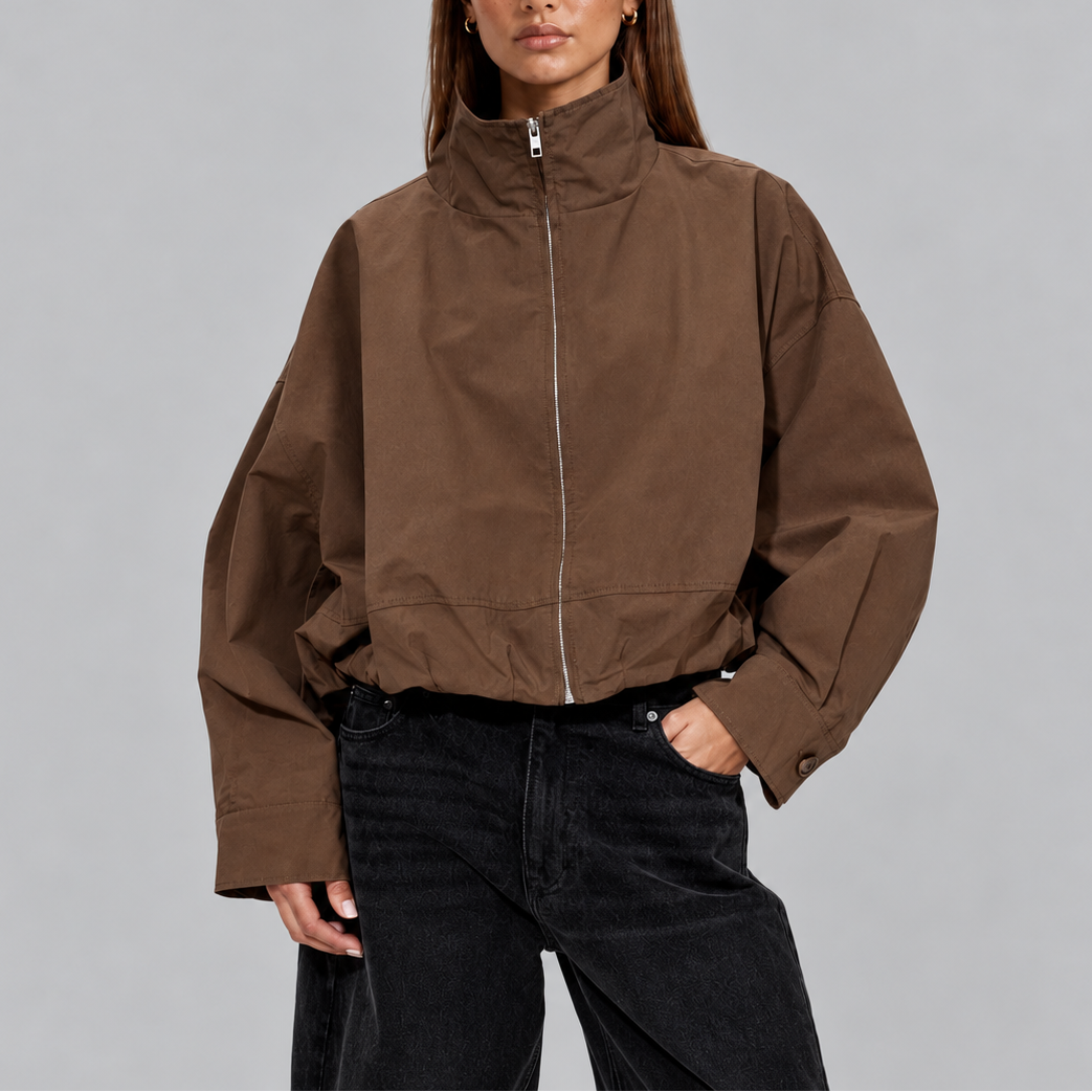 Cropped Bomber Jacket Women's High Neck Oversized Fit – Casual, Everyday Wear