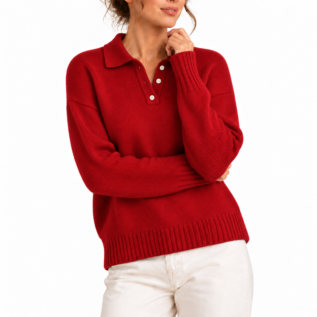 Women’s Knit Collar Polo Sweater with Button Placket – Casual, Office