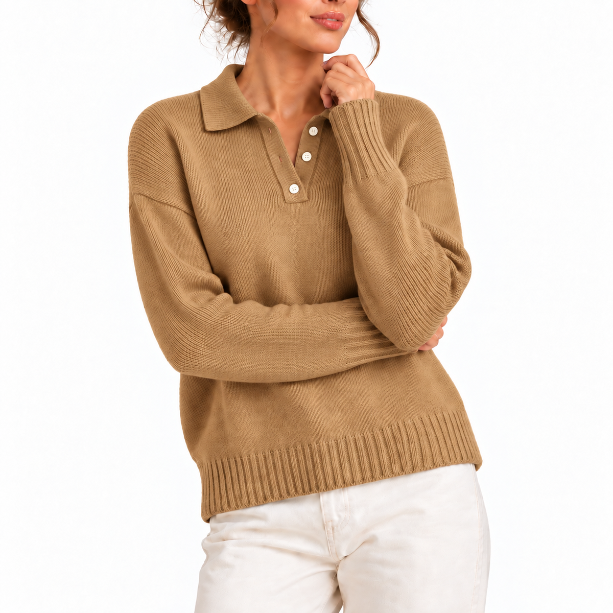 Women’s Knit Collar Polo Sweater with Button Placket – Casual, Office