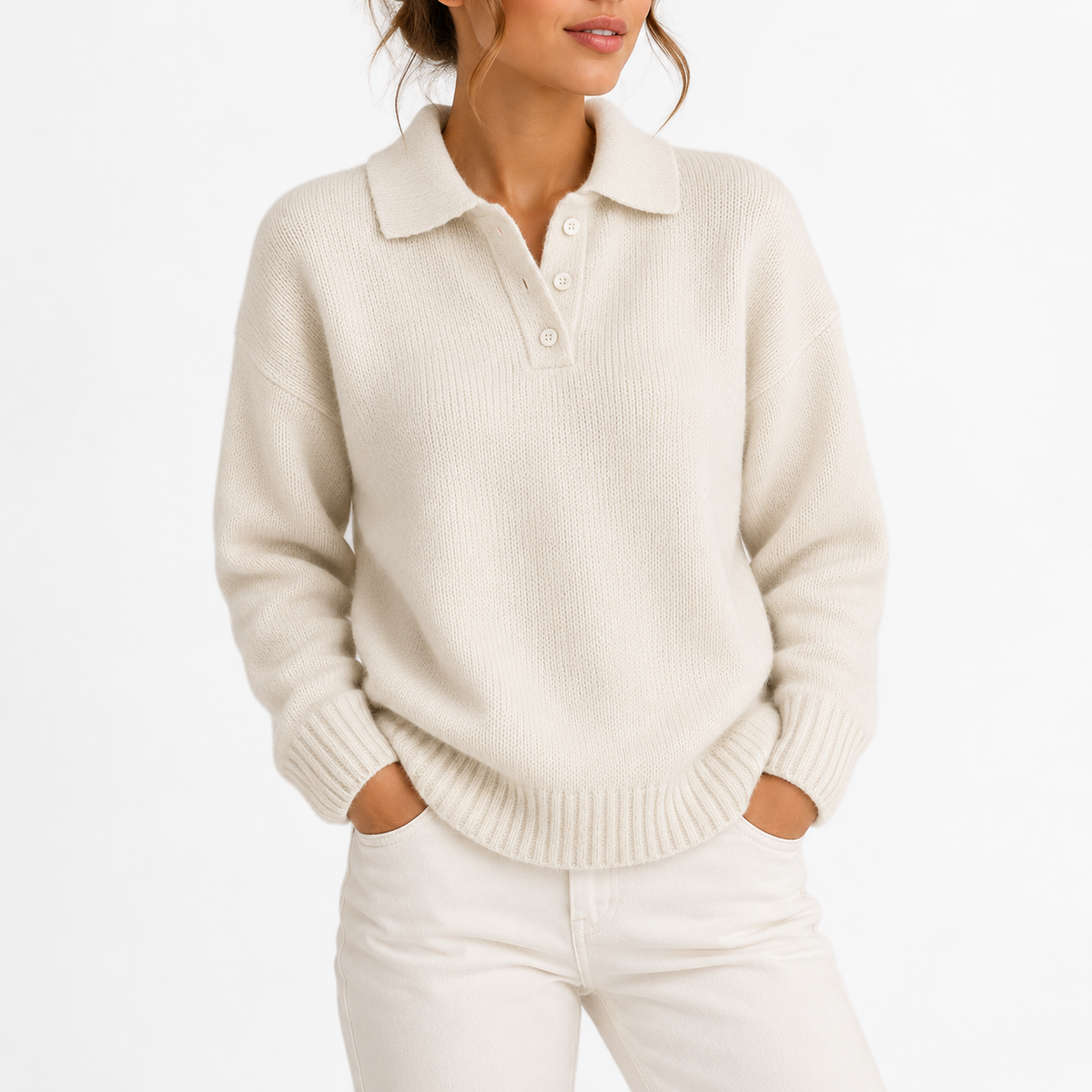 Women’s Knit Collar Polo Sweater with Button Placket – Casual, Office