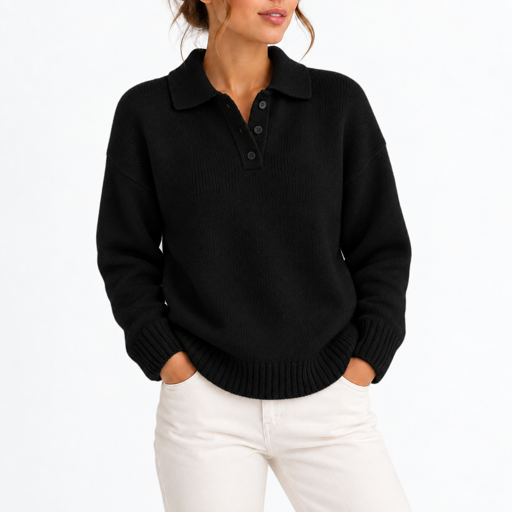 Women’s Knit Collar Polo Sweater with Button Placket – Casual, Office