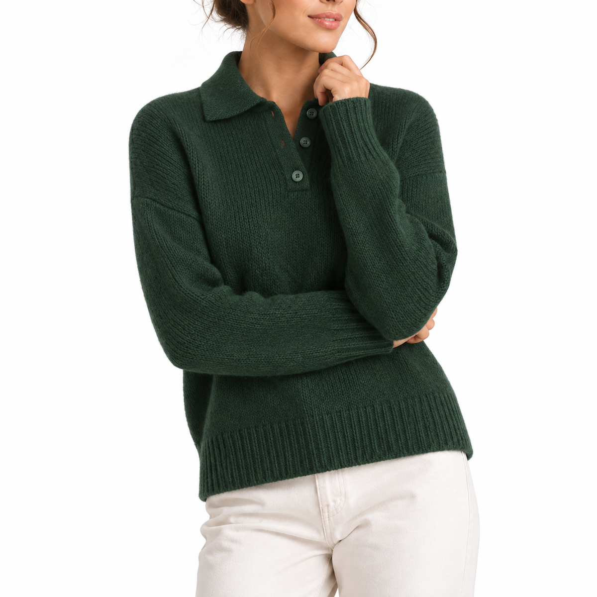 Women’s Knit Collar Polo Sweater with Button Placket – Casual, Office