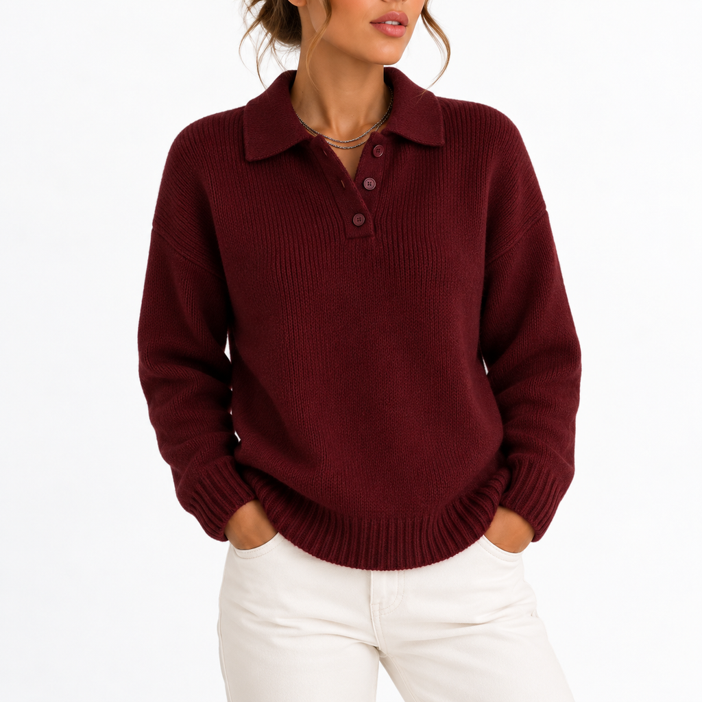 Women’s Knit Collar Polo Sweater with Button Placket – Casual, Office