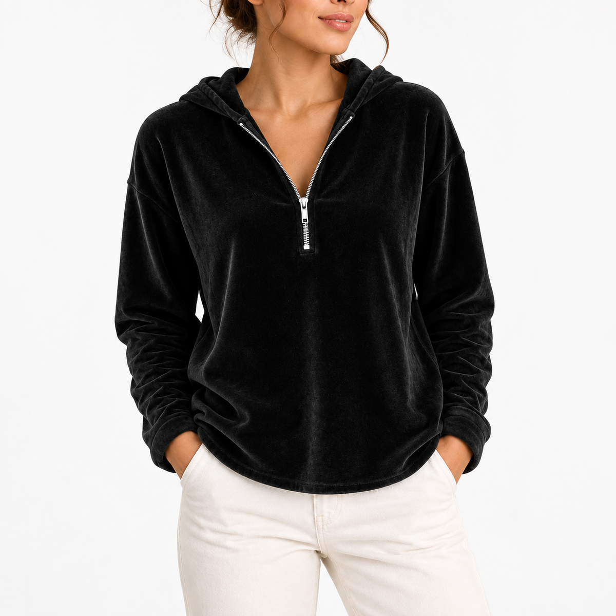 Women’s Velvet Hoodie with Long Sleeves, Quarter-Zip – Casual, Everyday Wear