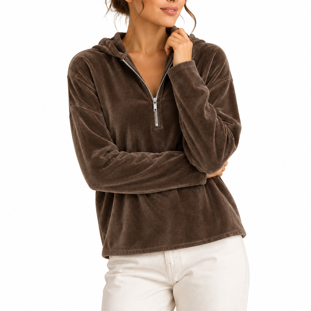 Women’s Velvet Hoodie with Long Sleeves, Quarter-Zip – Casual, Everyday Wear