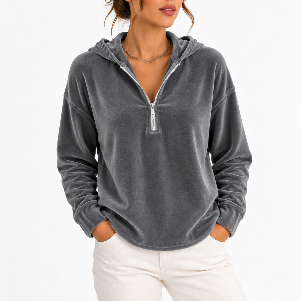 Women’s Velvet Hoodie with Long Sleeves, Quarter-Zip – Casual, Everyday Wear