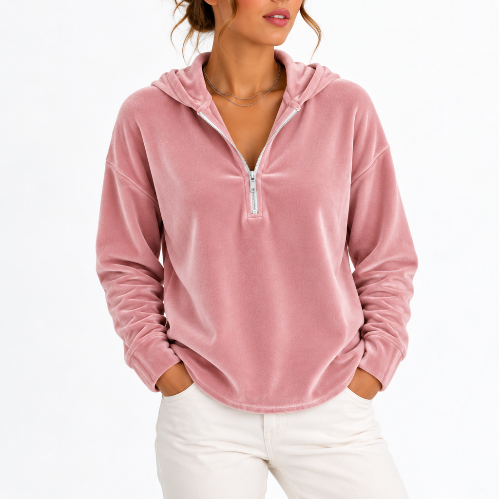 Women’s Velvet Hoodie with Long Sleeves, Quarter-Zip – Casual, Everyday Wear