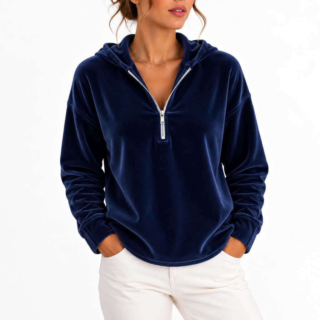 Women’s Velvet Hoodie with Long Sleeves, Quarter-Zip – Casual, Everyday Wear