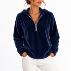 Women’s Velvet Hoodie with Long Sleeves, Quarter-Zip – Casual, Everyday Wear