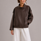 Women's Faux Leather Bomber Jacket with High Collar – Casual, Office