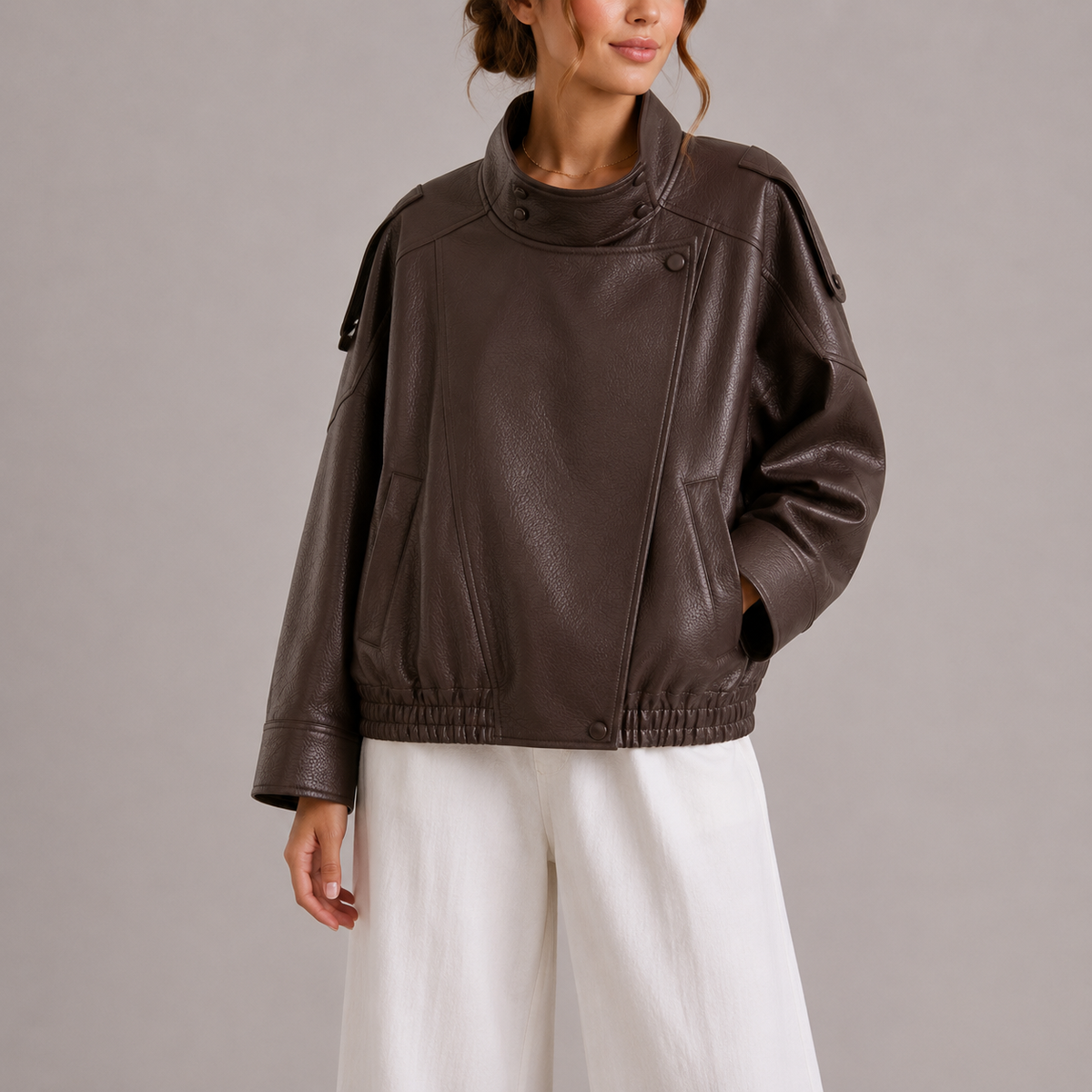 Women's Faux Leather Bomber Jacket with High Collar – Casual, Office