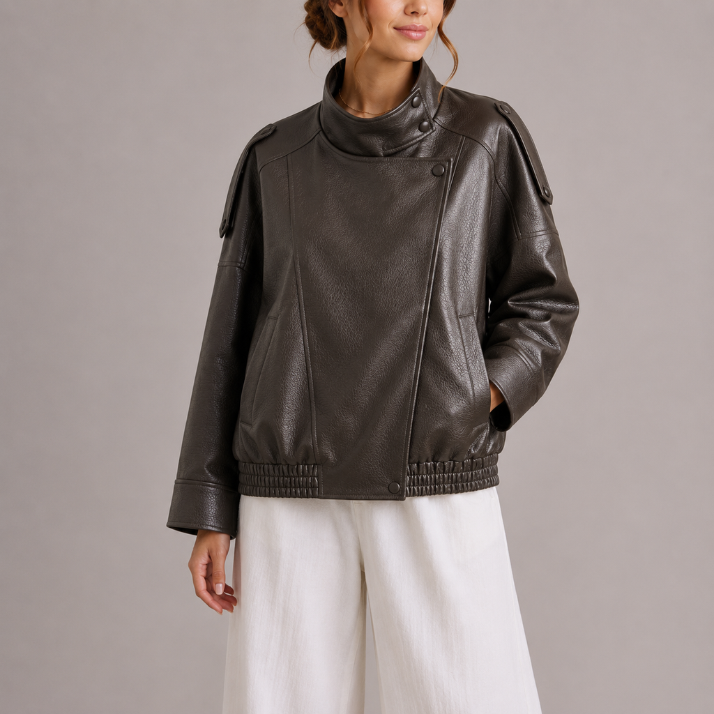 Women's Faux Leather Bomber Jacket with High Collar – Casual, Office