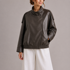 Women's Faux Leather Bomber Jacket with High Collar – Casual, Office