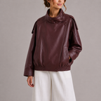 Women's Faux Leather Bomber Jacket with High Collar – Casual, Office