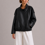 Women's Faux Leather Bomber Jacket with High Collar – Casual, Office
