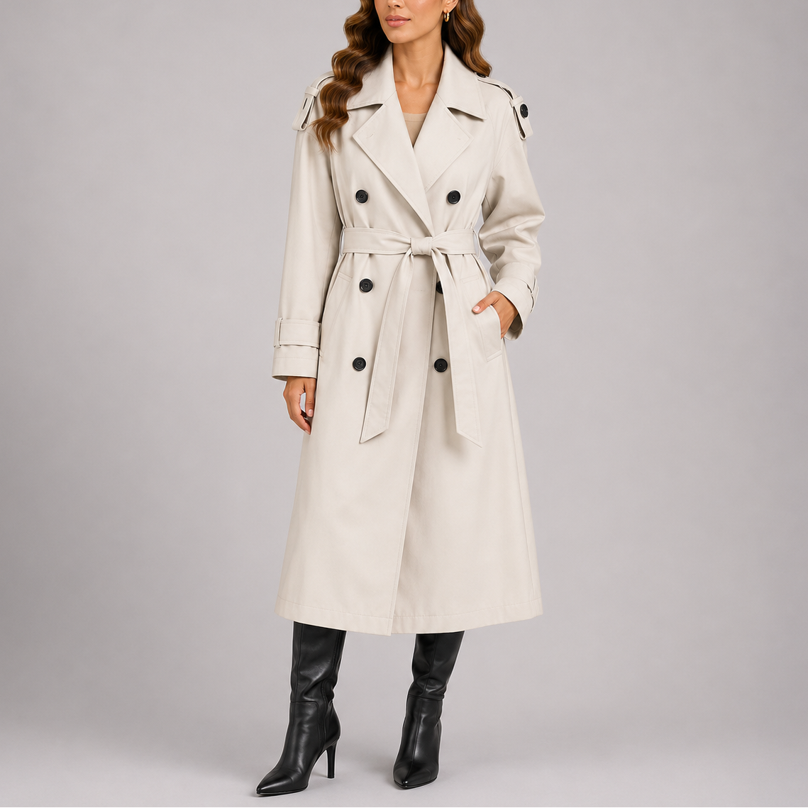 Women's Tailored Trench Coat with Waist Belt – Office, Casual