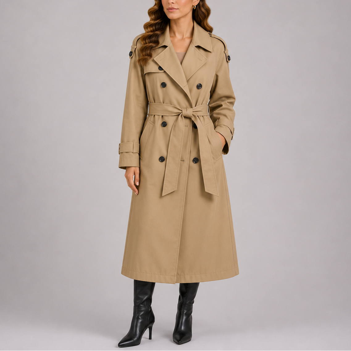 Women's Tailored Trench Coat with Waist Belt – Office, Casual