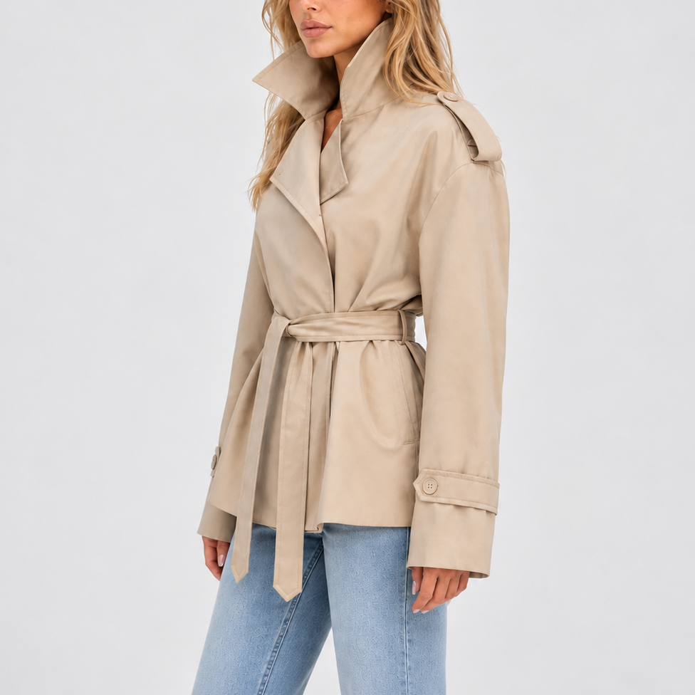 Damen Kurzer Doppelreihiger Trenchcoat mit Gürtel – Büro, Freizeit