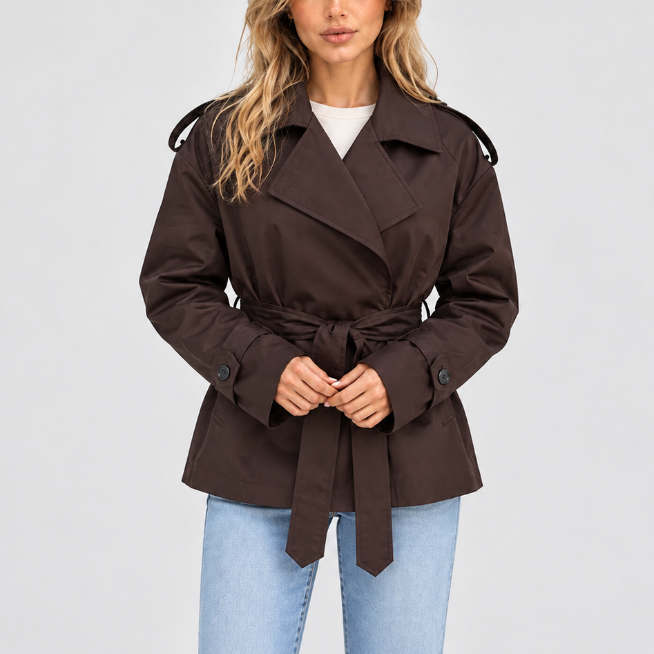 Damen Kurzer Doppelreihiger Trenchcoat mit Gürtel – Büro, Freizeit