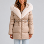 Women’s Hooded Puffer Coat with Faux Fur Trim and Belt – Casual, Winter Wear