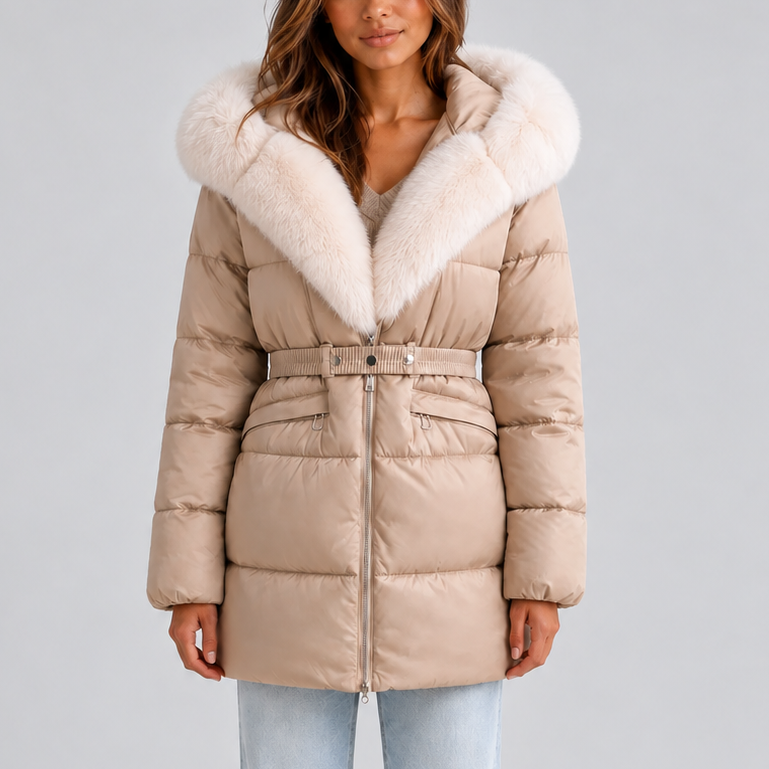 Women’s Hooded Puffer Coat with Faux Fur Trim and Belt – Casual, Winter Wear