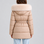Women’s Hooded Puffer Coat with Faux Fur Trim and Belt – Casual, Winter Wear
