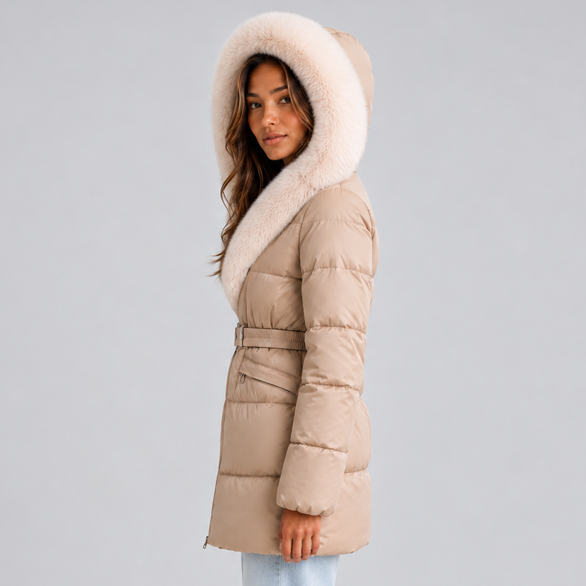 Women’s Hooded Puffer Coat with Faux Fur Trim and Belt – Casual, Winter Wear