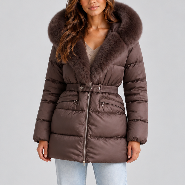 Women’s Hooded Puffer Coat with Faux Fur Trim and Belt – Casual, Winter Wear