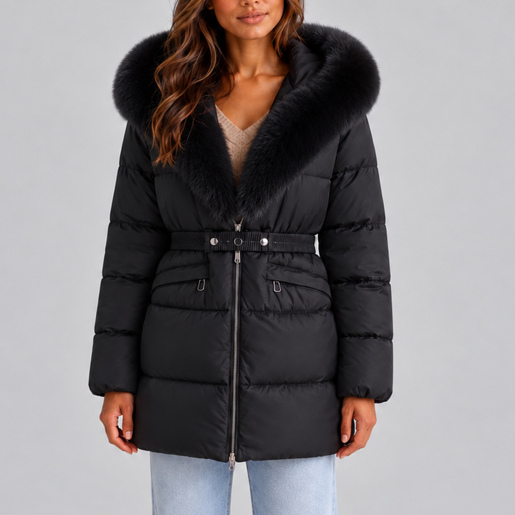 Women’s Hooded Puffer Coat with Faux Fur Trim and Belt – Casual, Winter Wear