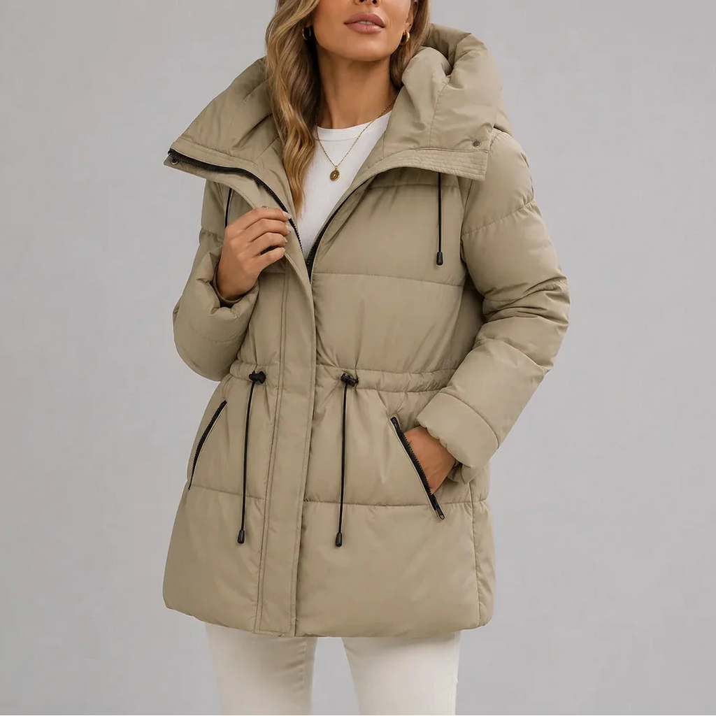 Women's Hooded Puffer Coat with Drawstring Waist – Casual, Winter Wear