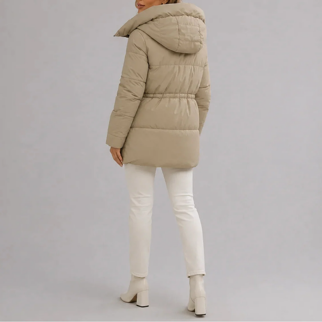 Women's Hooded Puffer Coat with Drawstring Waist – Casual, Winter Wear