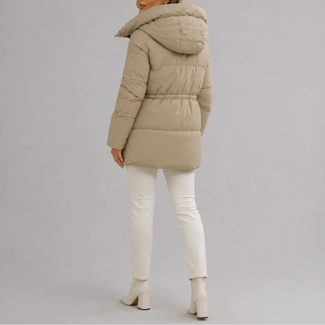 Women's Hooded Puffer Coat with Drawstring Waist – Casual, Winter Wear