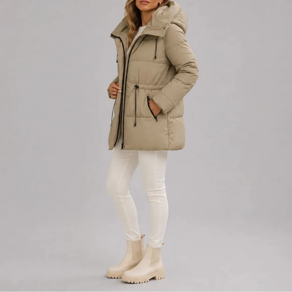 Women's Hooded Puffer Coat with Drawstring Waist – Casual, Winter Wear