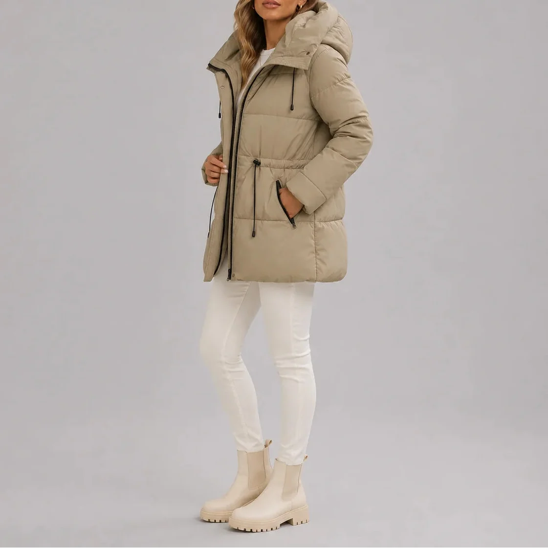 Women's Hooded Puffer Coat with Drawstring Waist – Casual, Winter Wear